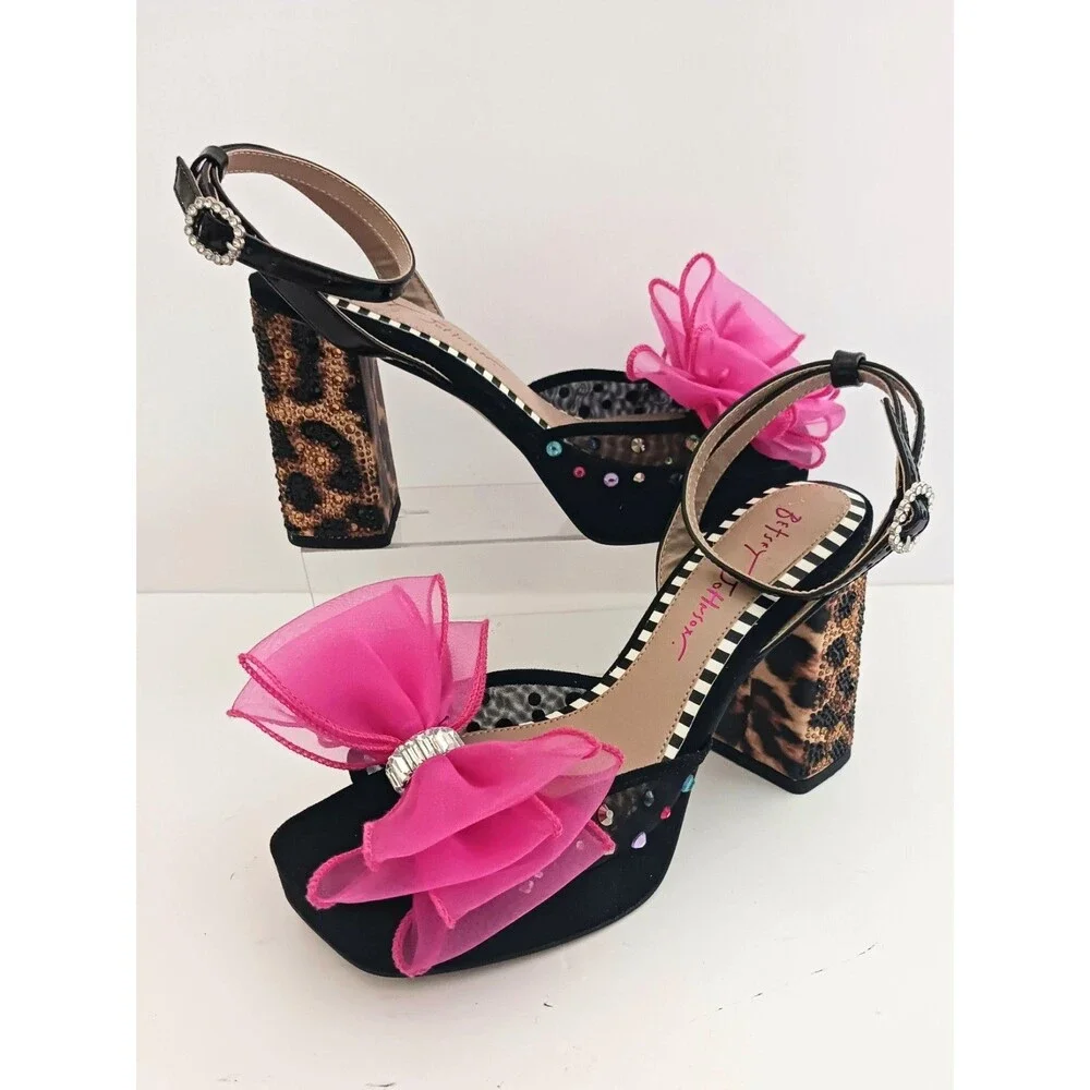 NEW Betsey Johnson Palloma Platform Sandal Bead Leopard Heel Pink Tulle Bow Sz 6